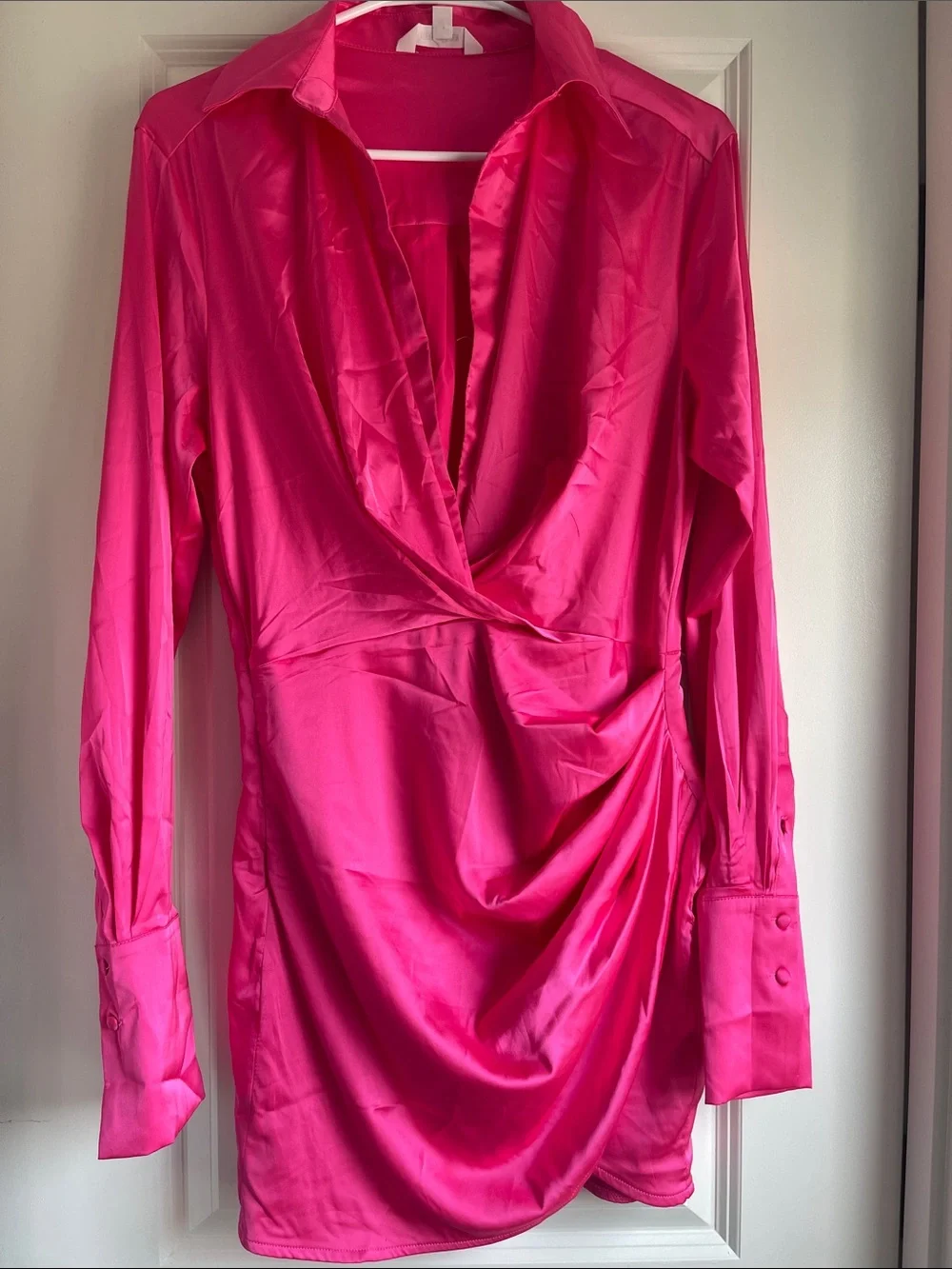 Hot Pink Satin Drape Shirt Dress